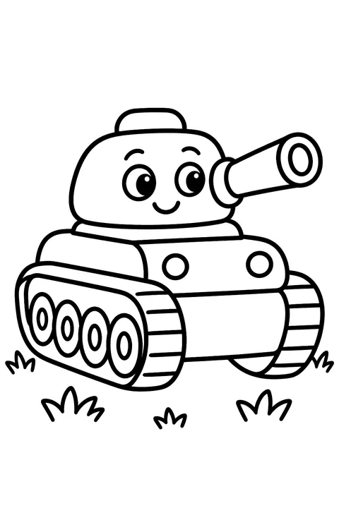 a military tank on a field, friendly style coloring page
