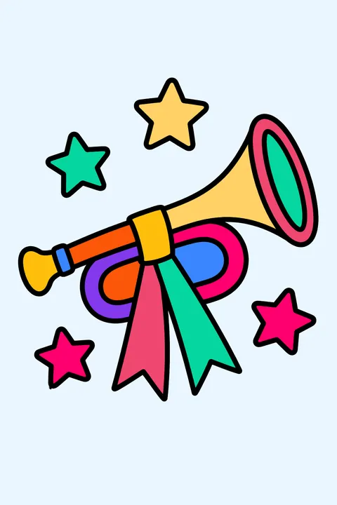 a bugle with a ribbon and stars coloring page