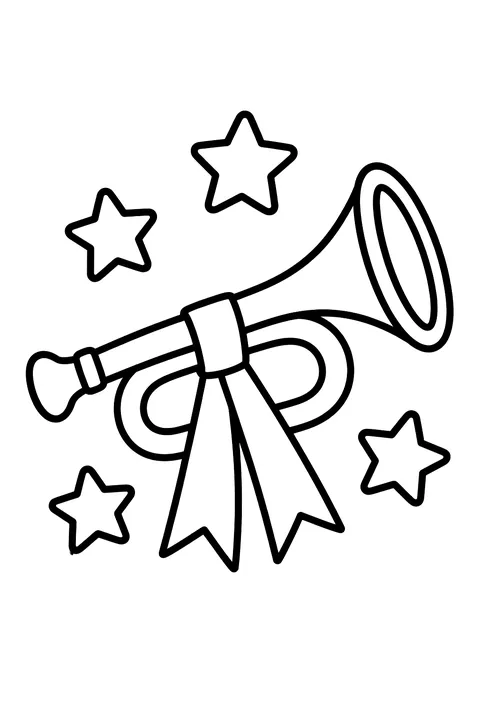 a bugle with a ribbon and stars coloring page