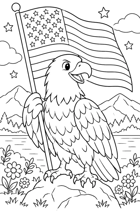 a bald eagle with a waving flag coloring page