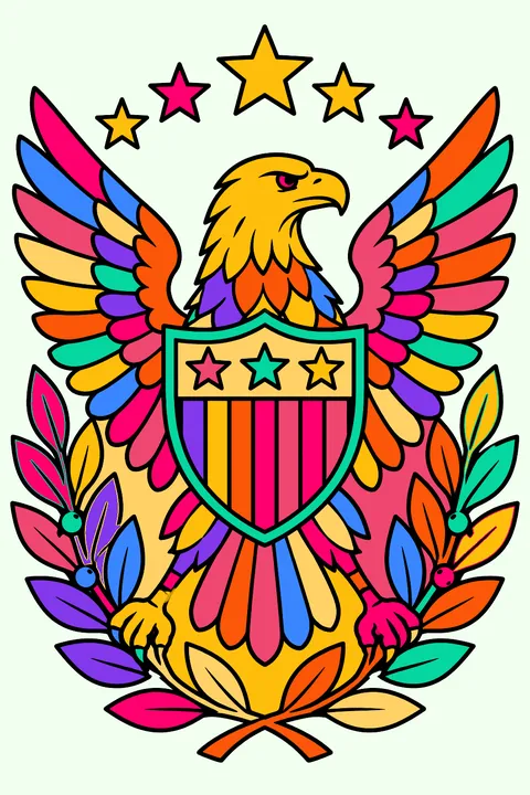 an eagle with a shield surrounded by detailed stars and laurels coloring page