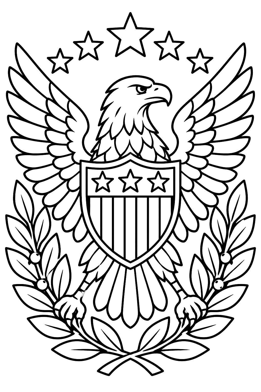an eagle with a shield surrounded by detailed stars and laurels coloring page
