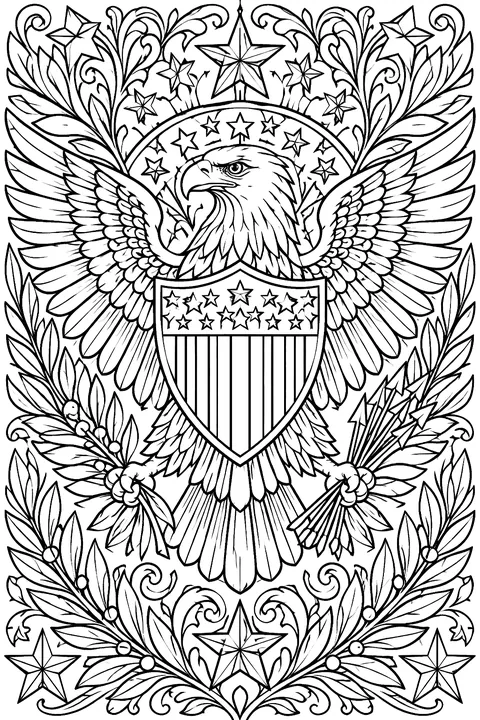 an eagle with a shield surrounded by detailed stars and laurels coloring page