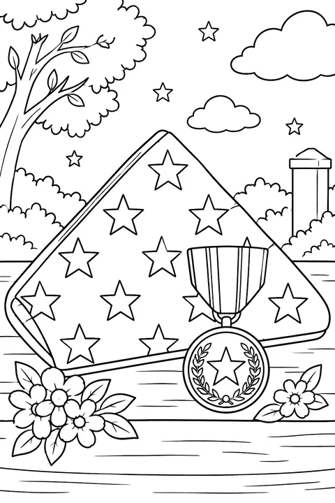 a folded flag in a triangle with stars and a medal coloring page