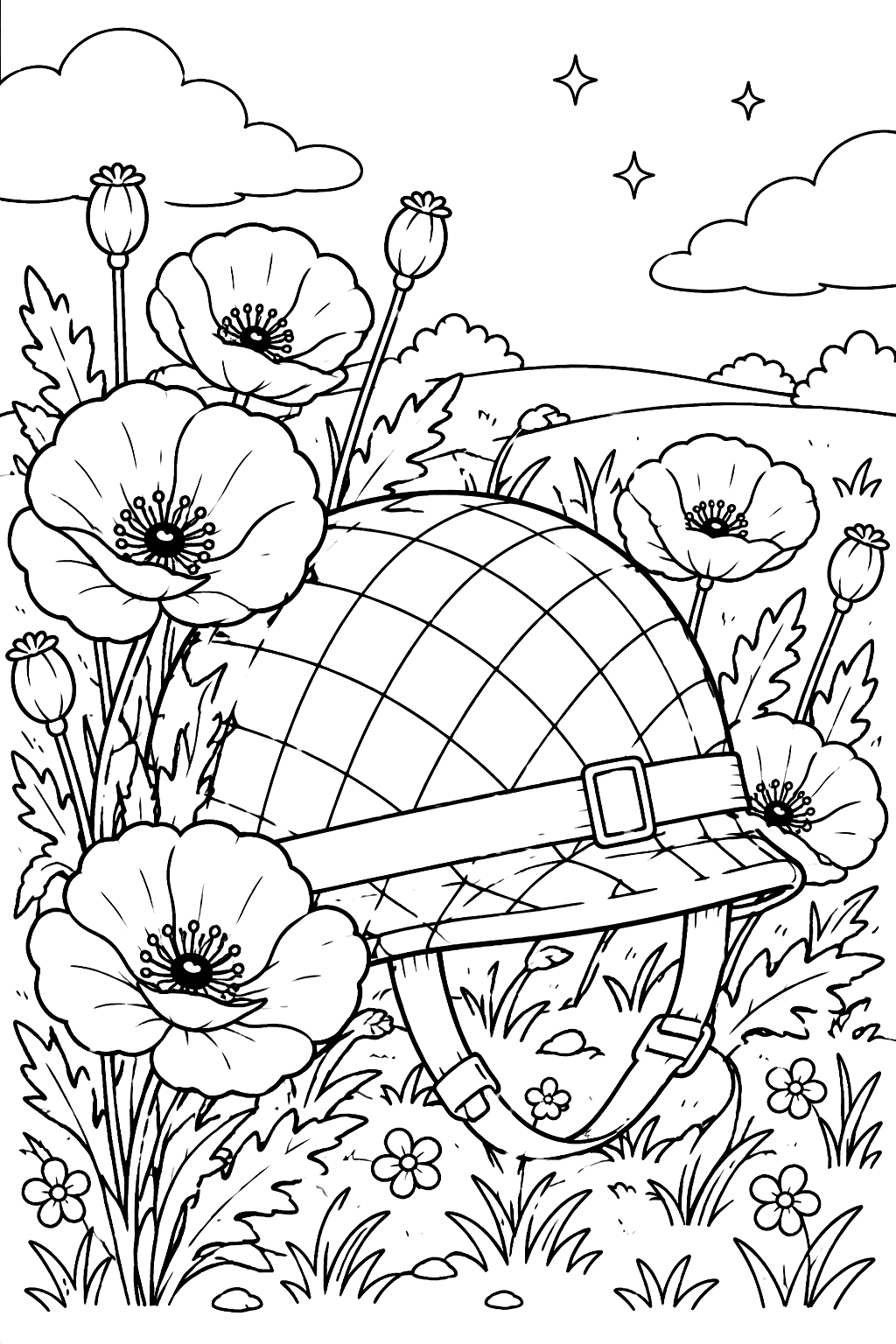 a soldier's helmet with poppies growing around it coloring page