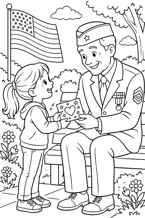 a child giving a handmade thank you card to a veteran coloring page