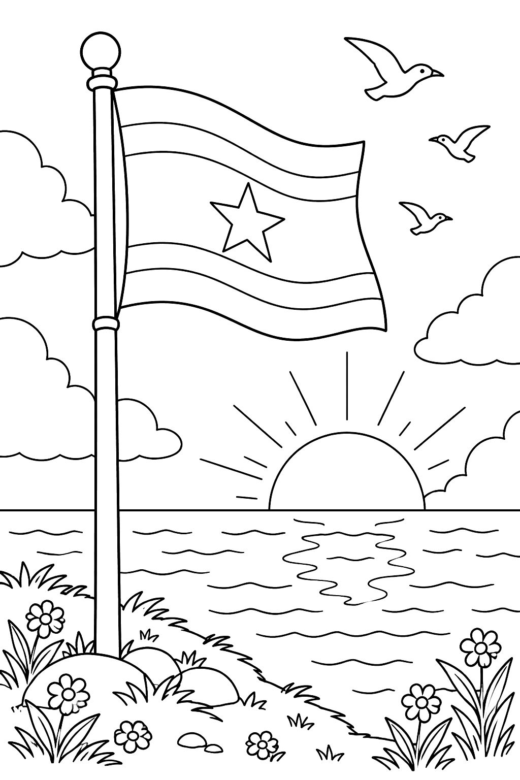 a flag on a pole at sunset with birds coloring page