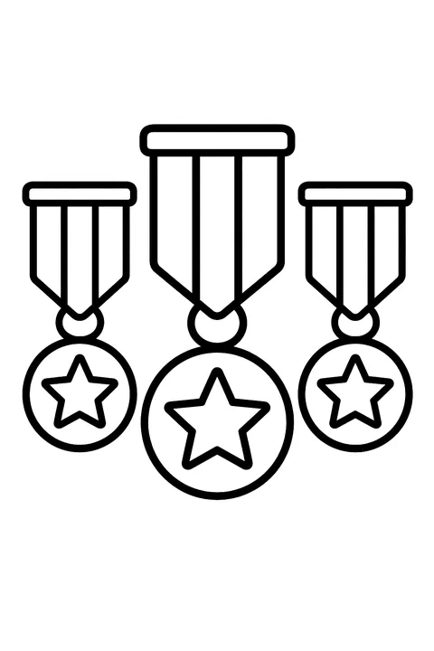 three military-style medals with ribbons and stars coloring page