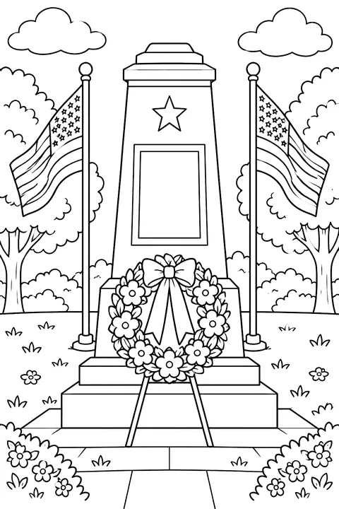a stone memorial with a wreath and flags in a park coloring page