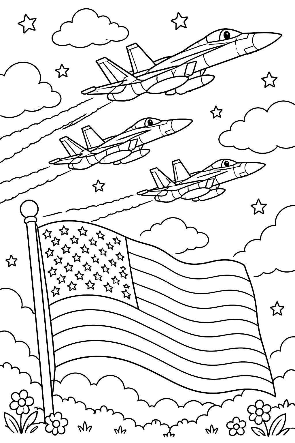 three military jets flying over a flag with clouds coloring page