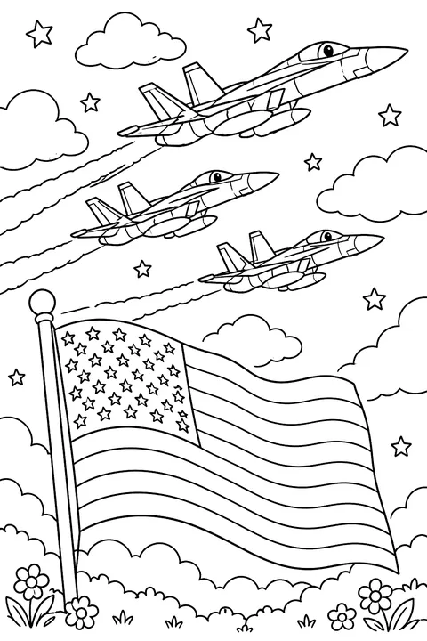 three military jets flying over a flag with clouds coloring page