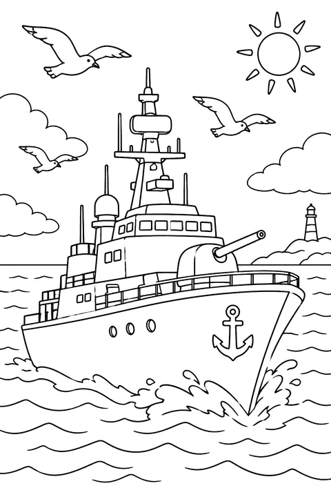 a navy ship sailing on the ocean with seagulls coloring page