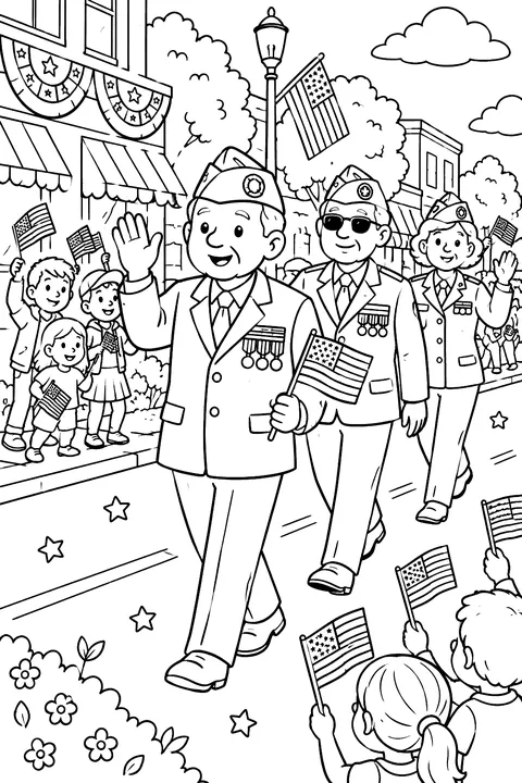 a parade with veterans and people waving flags coloring page