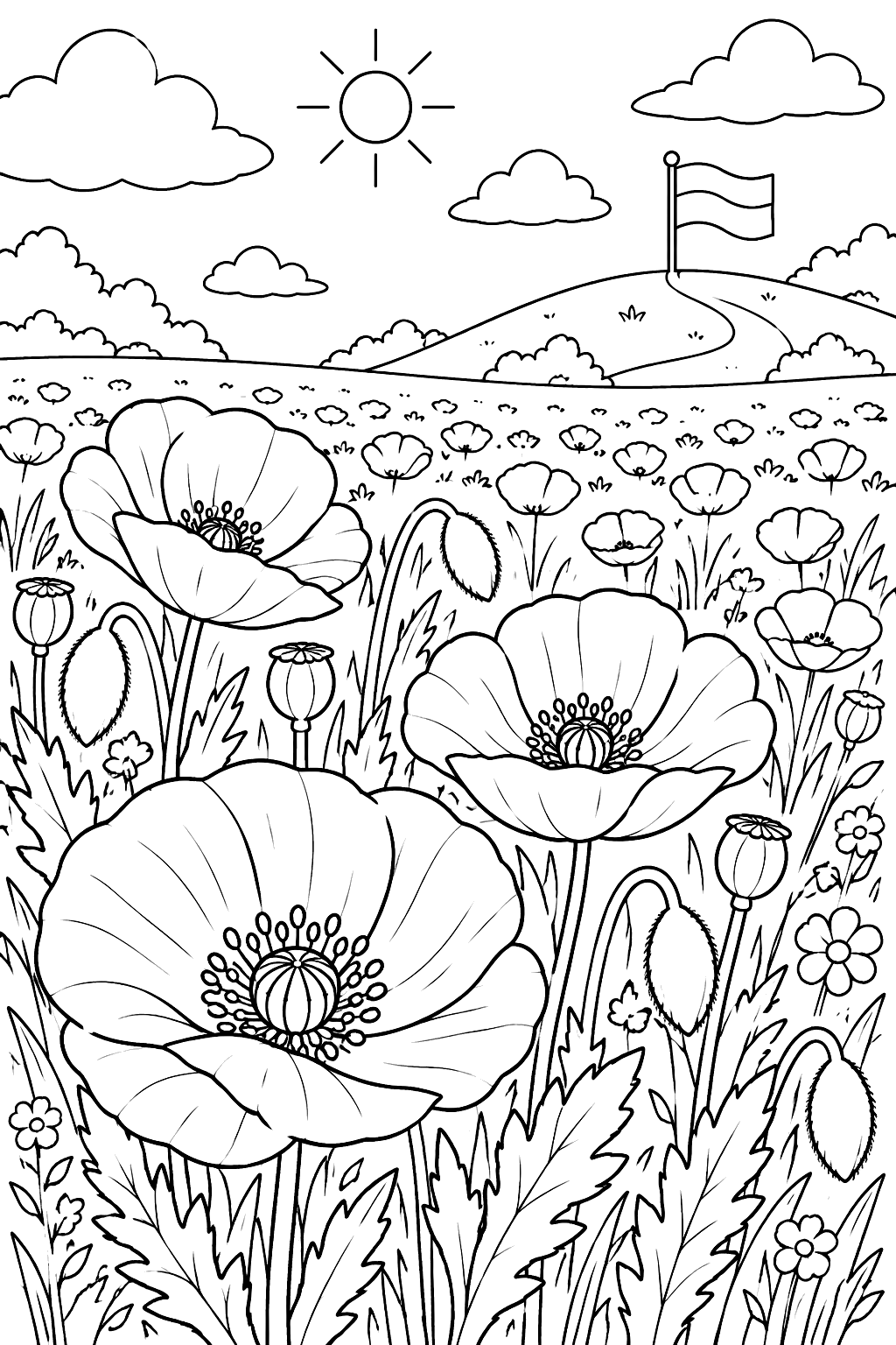 a field of poppies with a flag in the distance coloring page