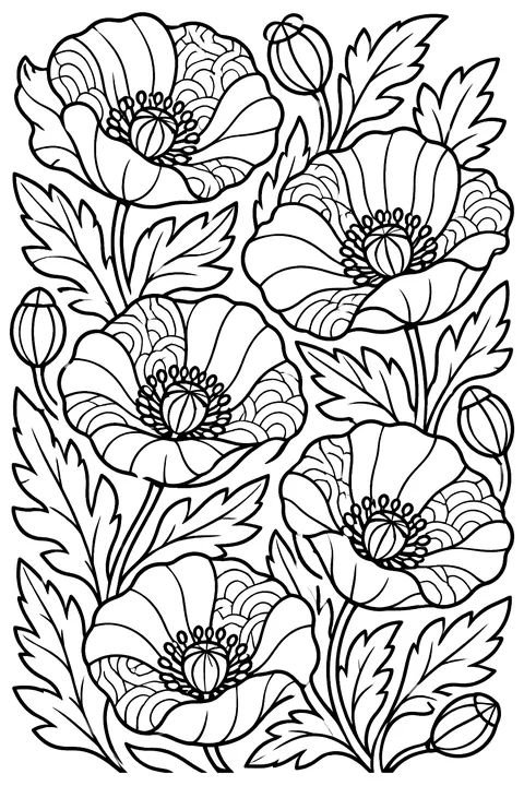 a full page of poppies and leaves in a decorative pattern coloring page