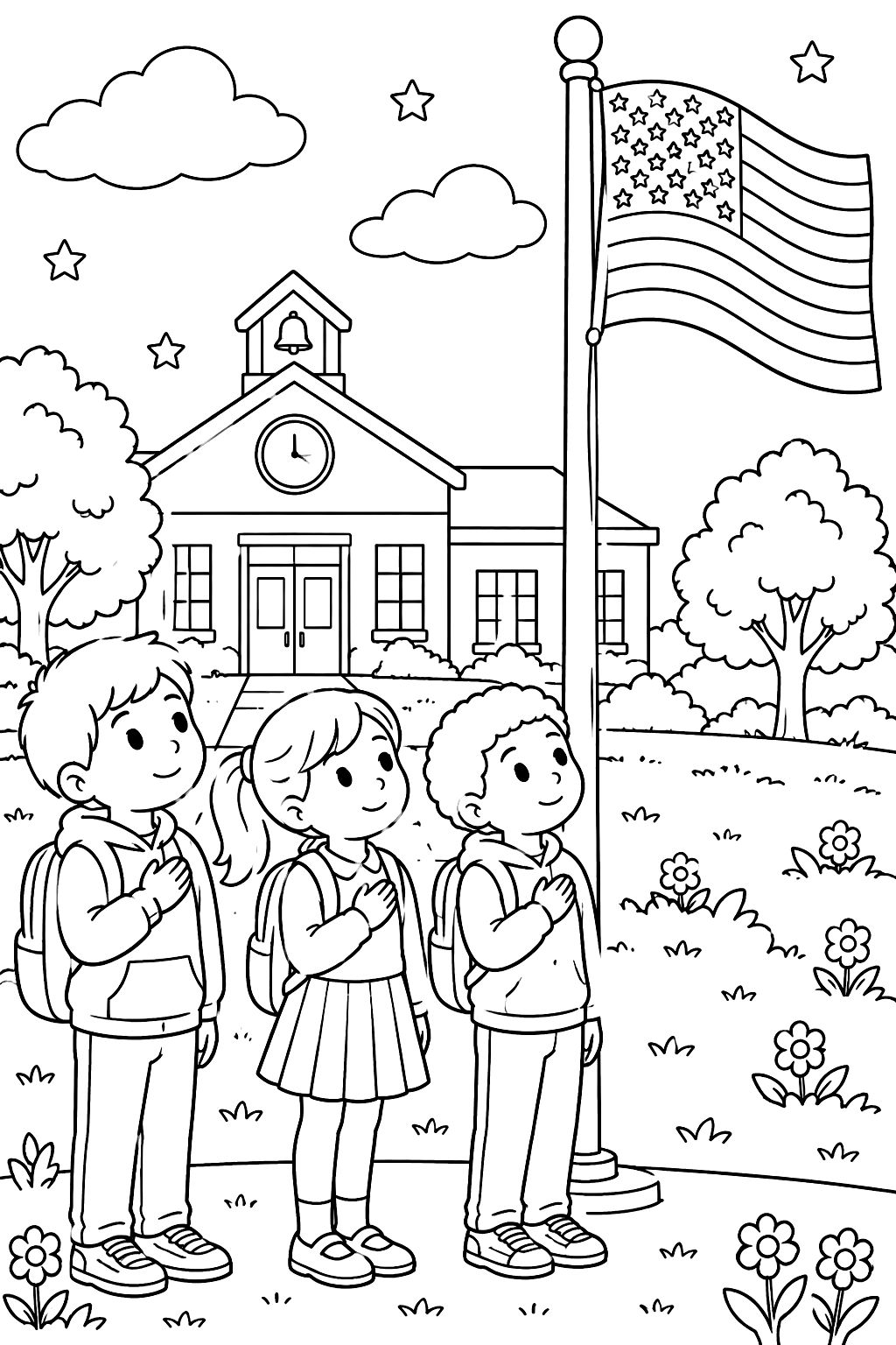 kids saluting the flag at school coloring page