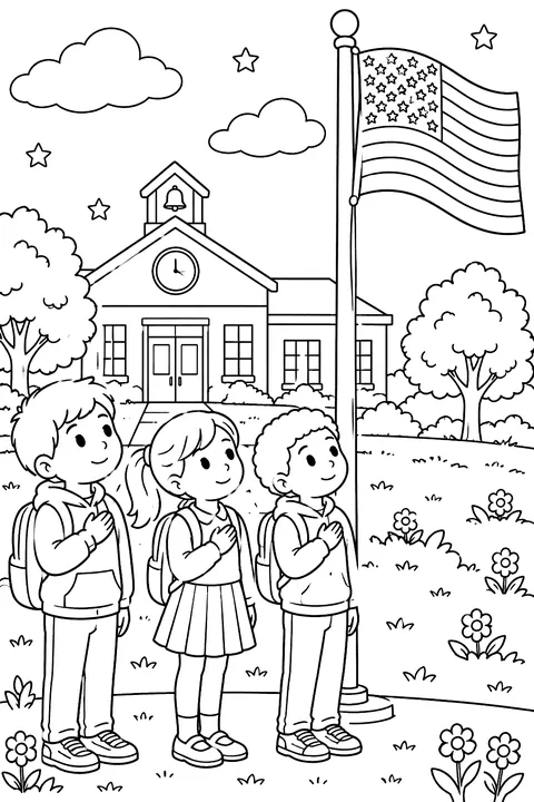 kids saluting the flag at school coloring page