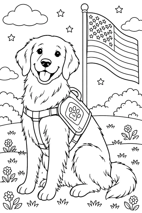 a service dog wearing a vest beside a flag coloring page