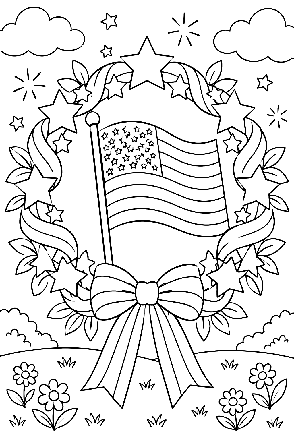 a wreath of stars and ribbons with a flag coloring page
