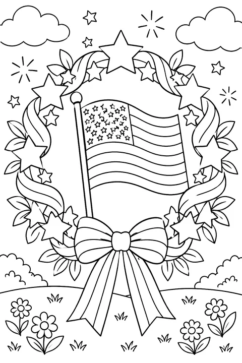 a wreath of stars and ribbons with a flag coloring page