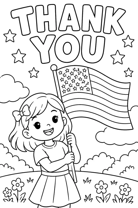 big outline letters spelling THANK YOU above a flag and stars coloring page