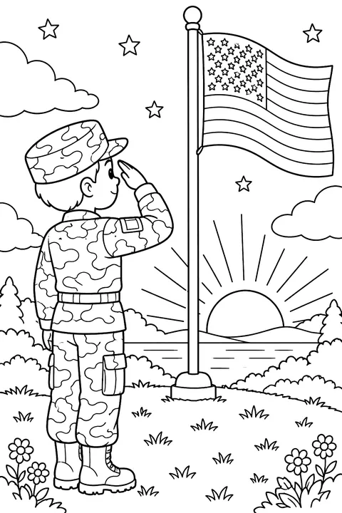 a uniformed soldier saluting a flag at sunrise coloring page