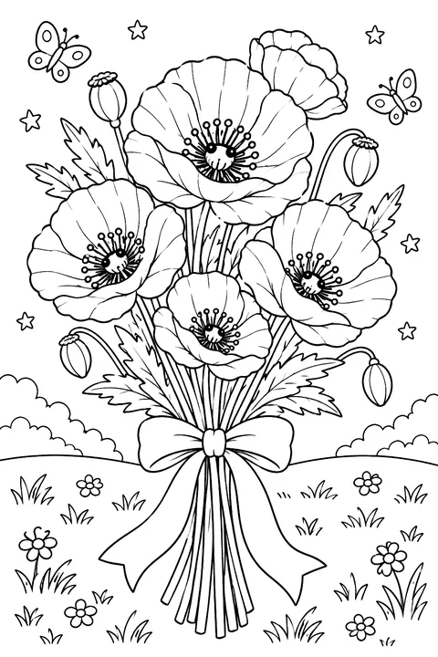 a bouquet of poppies tied with a ribbon coloring page