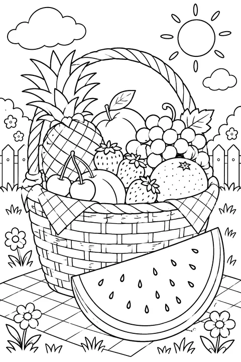 a basket of summer fruit with watermelon in front coloring page