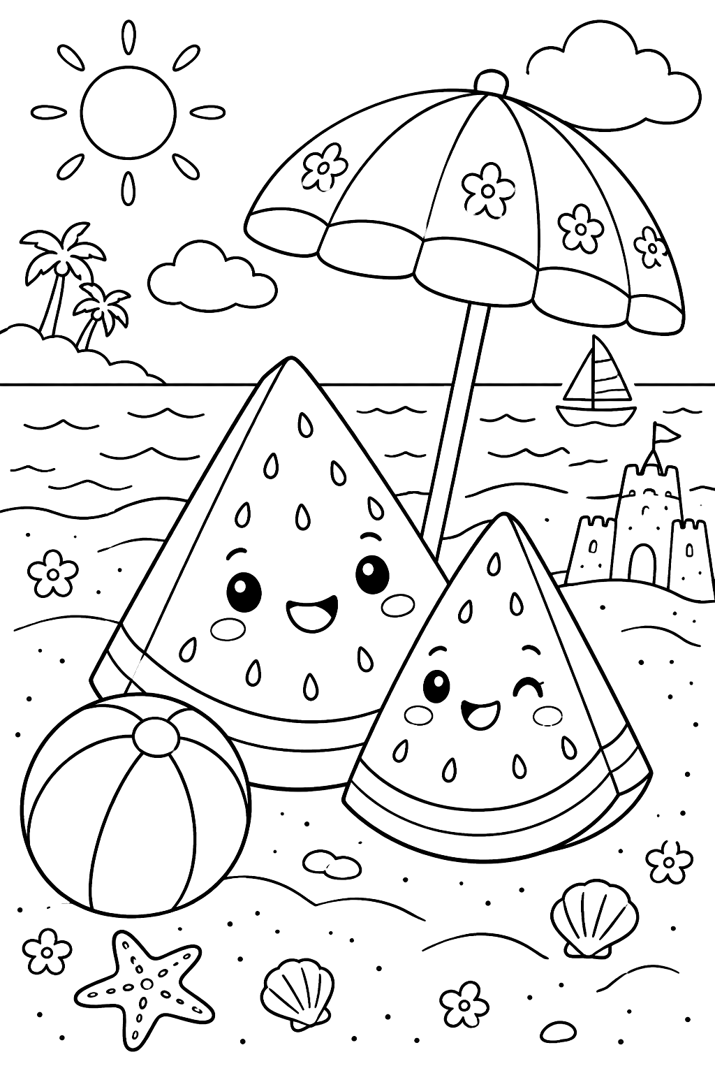 watermelon slices at the beach with a ball and umbrella coloring page