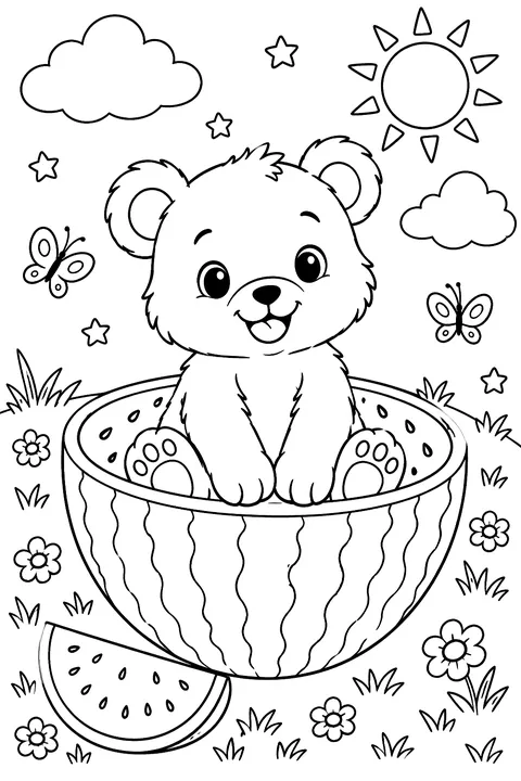 a bear cub sitting in a halved watermelon coloring page