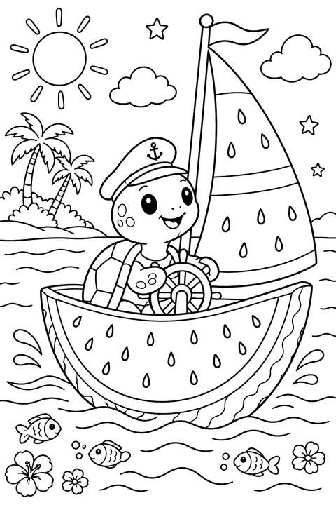 a watermelon slice boat with a turtle sailing it coloring page