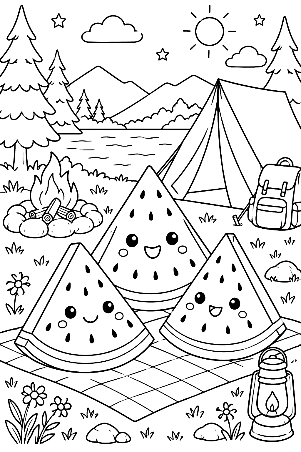 watermelon slices at a campsite with a tent coloring page