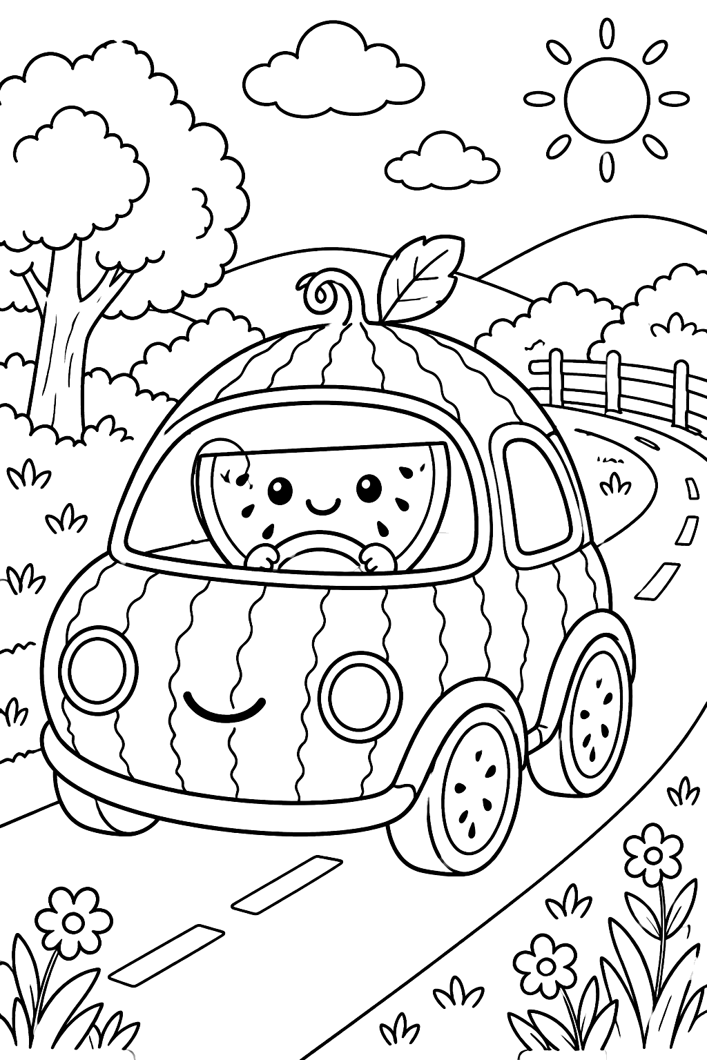 a car made from a watermelon driving down a road coloring page