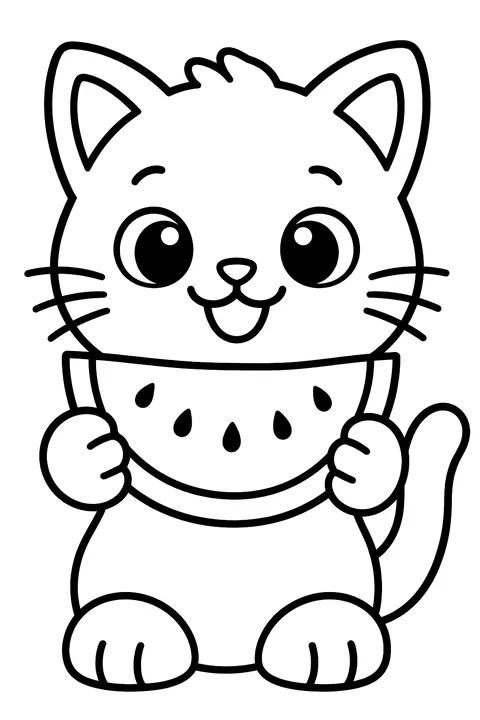 a cat holding a watermelon slice coloring page