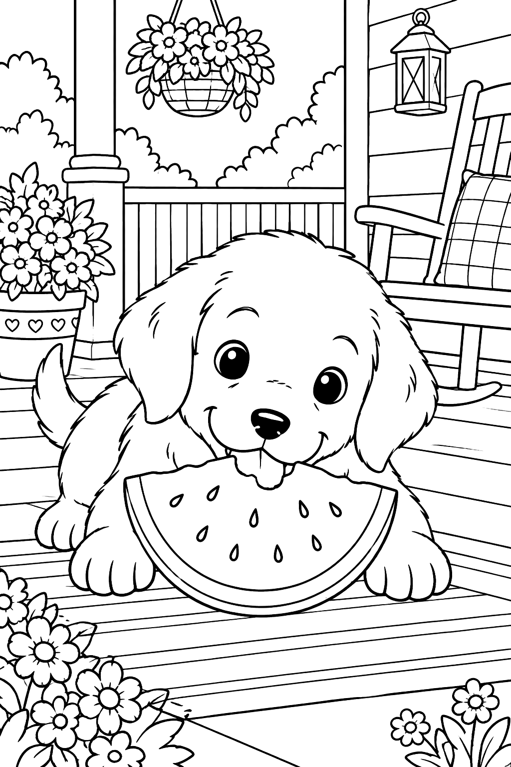 a puppy eating a watermelon slice on a porch coloring page