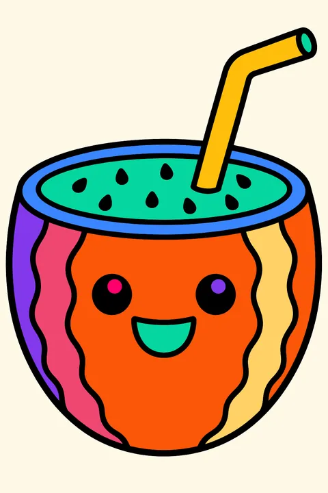 a watermelon cut open with a straw like a drink coloring page