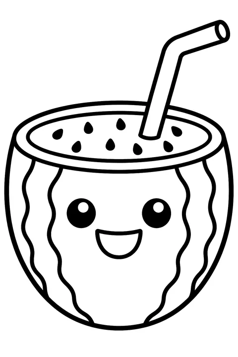 a watermelon cut open with a straw like a drink coloring page