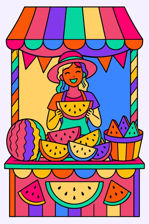 a summer fair stand selling watermelon slices coloring page