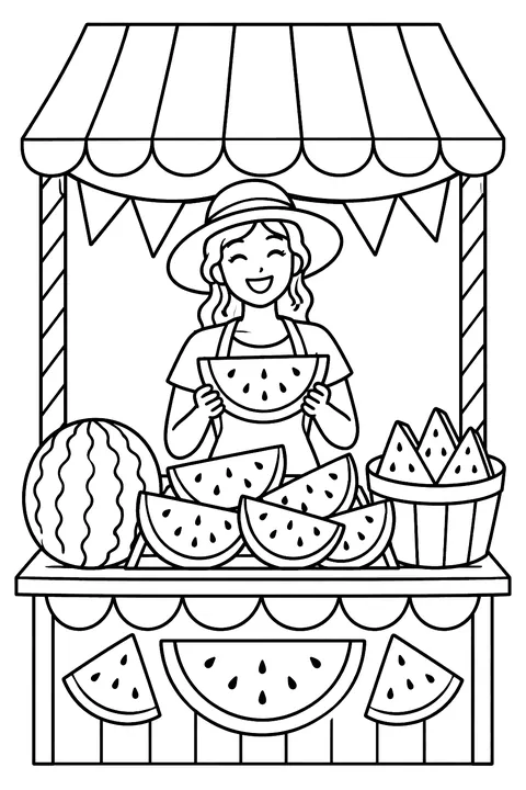 a summer fair stand selling watermelon slices coloring page