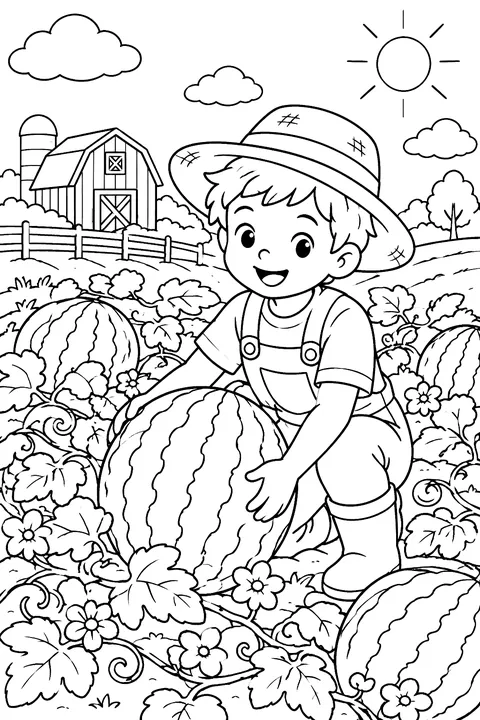 a watermelon patch with vines and a farmer kid coloring page