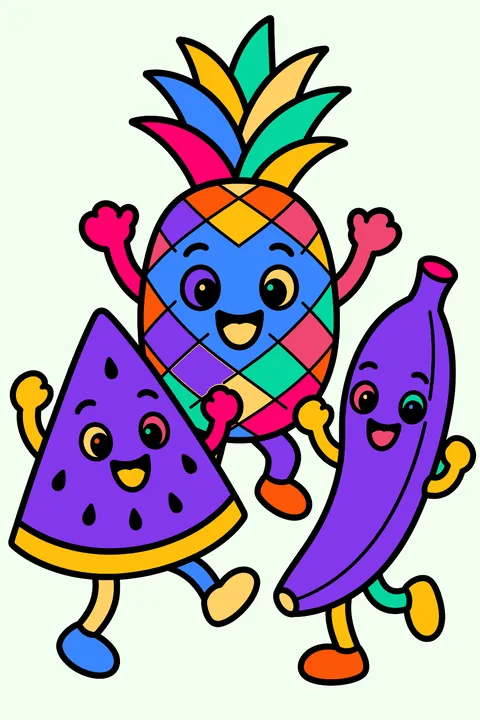 watermelon, pineapple and banana friends dancing coloring page