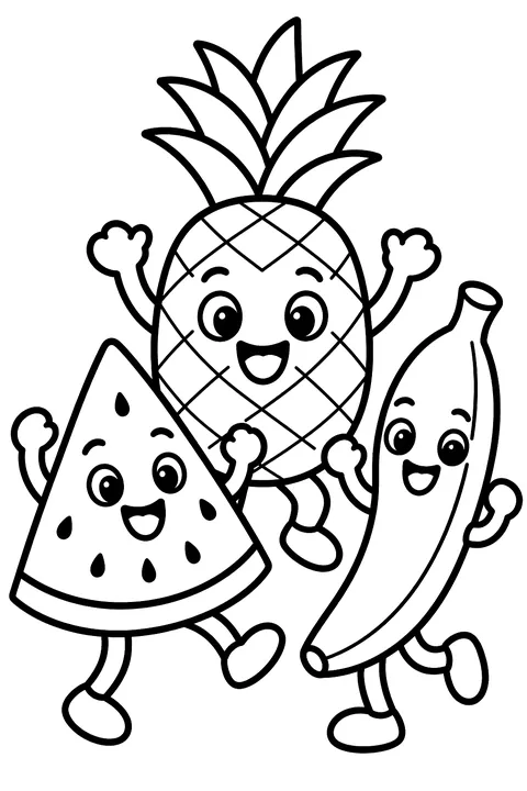 watermelon, pineapple and banana friends dancing coloring page