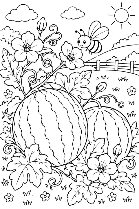 watermelon vines with flowers and a bee coloring page