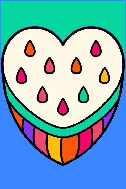 a heart-shaped watermelon slice with outlined (not filled) seeds, a white band and a striped rind coloring page