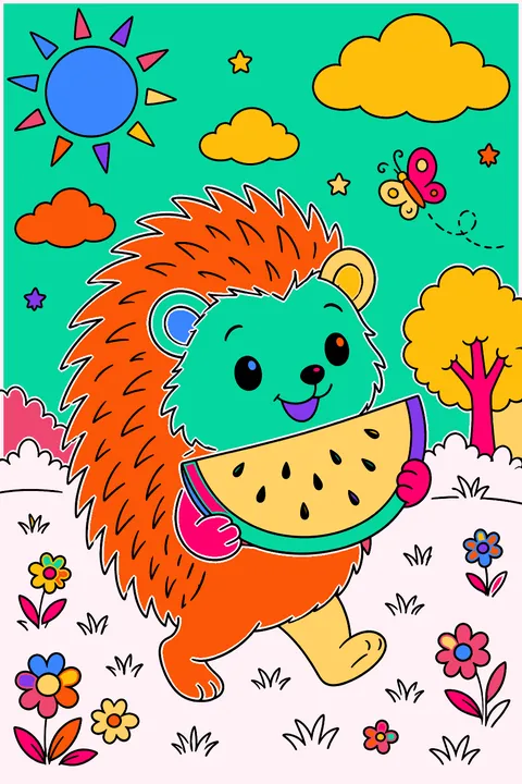 a hedgehog carrying a watermelon slice coloring page