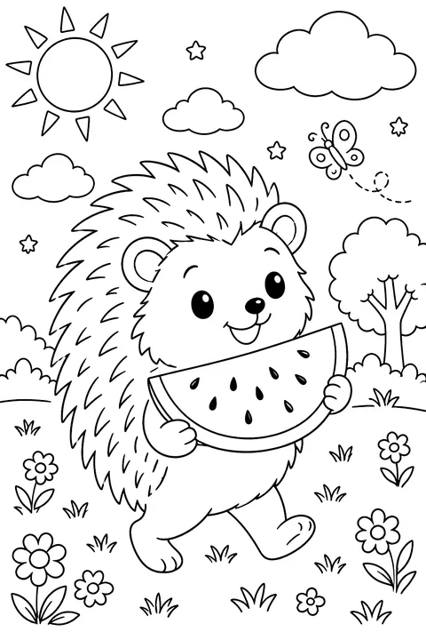 a hedgehog carrying a watermelon slice coloring page