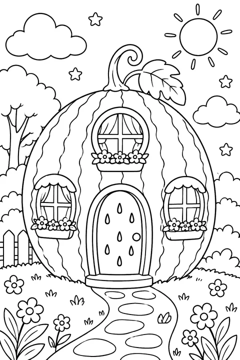 a house carved from a watermelon with windows coloring page