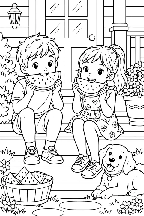 kids eating watermelon on a porch step coloring page