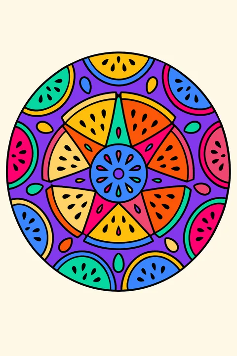 a circular mandala of watermelon slices and seeds coloring page