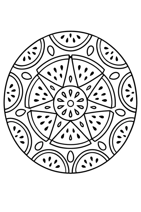 a circular mandala of watermelon slices and seeds coloring page